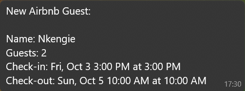 Automated Airbnb guest alert powered by n8n - n8ndevelopers.com